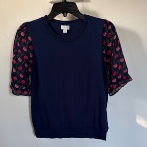 J.Crew Navy Knit Top Floral Chiffon Short Sleeves Womens Small S
